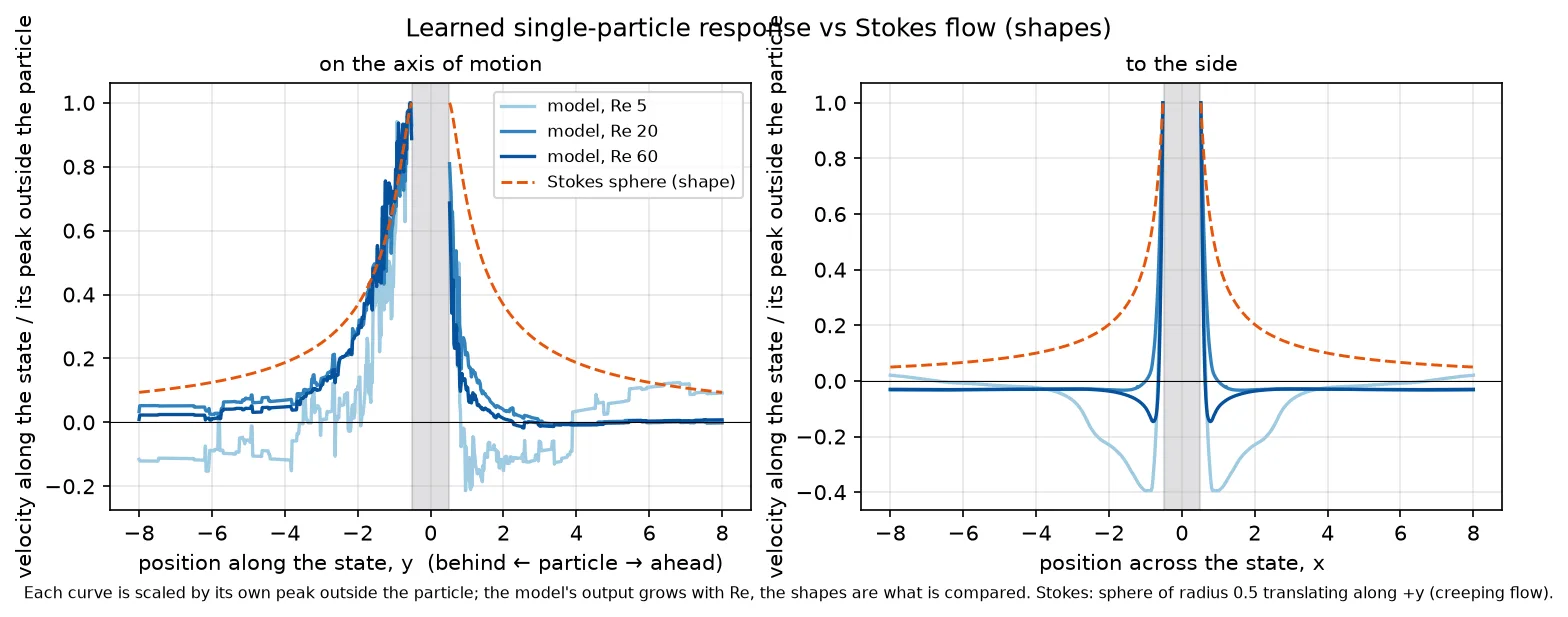 Centre-line profiles of the learned response along and across the direction of motion, compared with the Stokes solution.